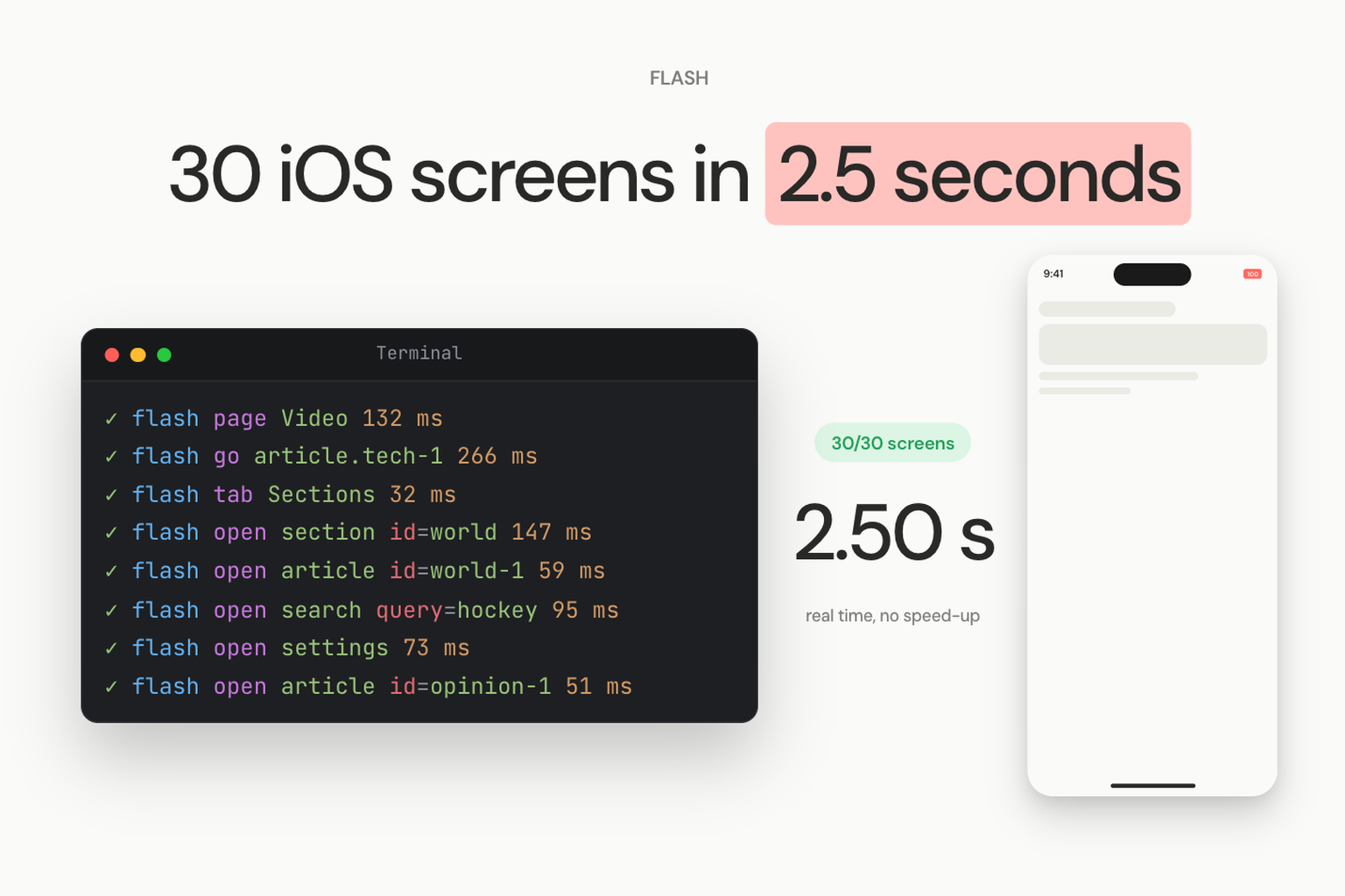 Flash driving an iOS app: a terminal listing flash commands with their times in milliseconds, a 30/30 screens tag, 2.50 s, and an iPhone