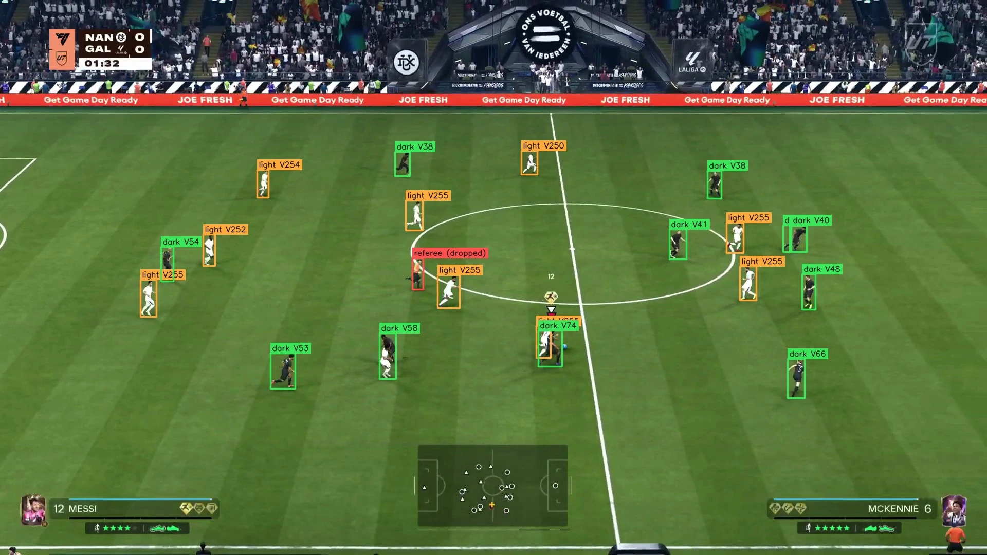 Current detection on an FC frame: dark team boxes in green, light team boxes in orange, each labelled with its shirt brightness, and the referee boxed in red as dropped.