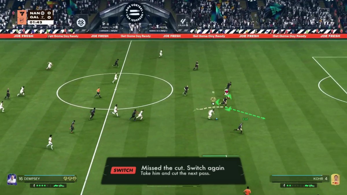 An FC match frame annotated by FUT HyperVision: a highlighted defender, a green cut line across the passing lane and the caption Missed the cut. Switch again.