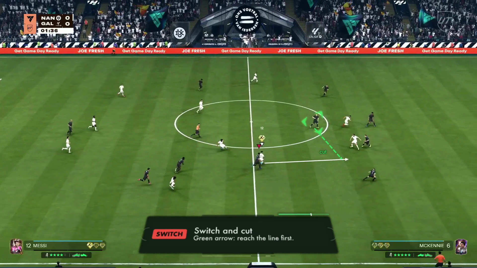 An opponent pass with green chevrons on the defender standing in the passing lane and his run traced behind him.
